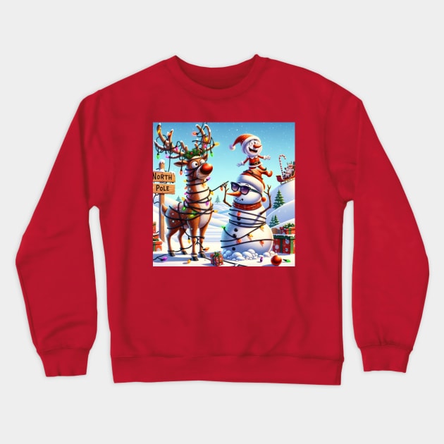 Rudolph, an Elf and a Snowman at the North Pole Crewneck Sweatshirt by TooplesArt